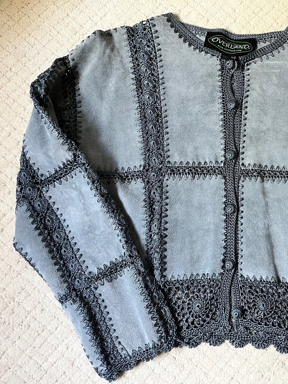 Overland Suede & Crochet Patchwork Cardigan Jacket - Women's Size 10 - Dusty Bl
